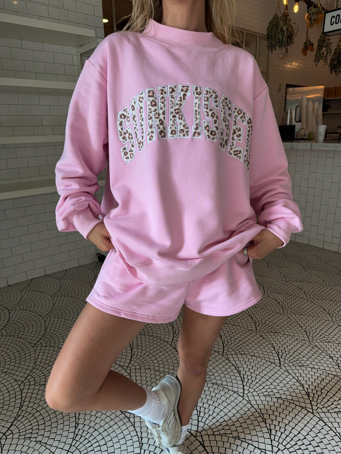 Bubblegum Pink Cheetah Print Varsity Sunkissed Embroidered Mockneck Sweatshirt 100% Cotton
