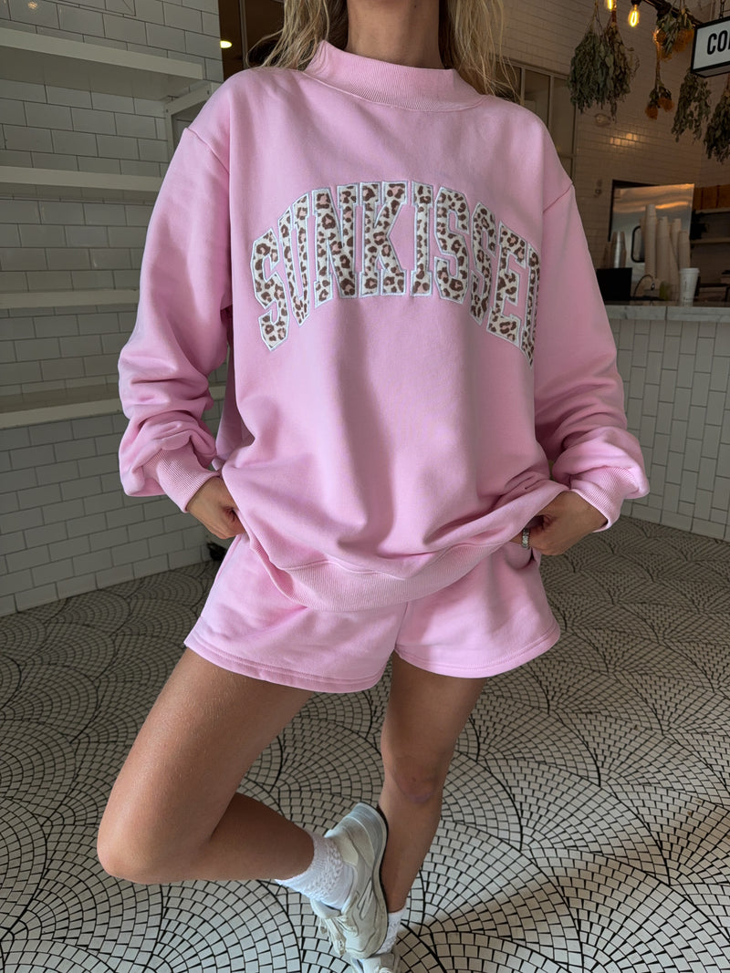 Bubblegum Pink Cheetah Print Varsity Sunkissed Embroidered Mockneck Sweatshirt 100% Cotton