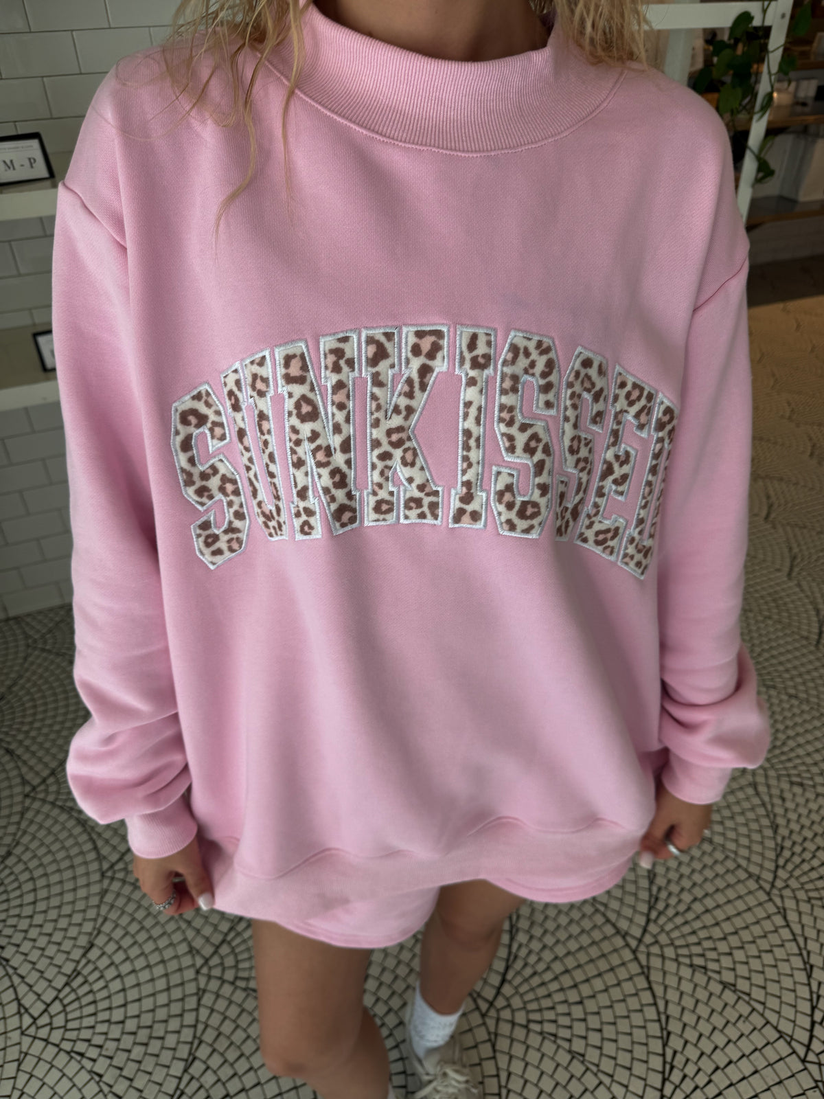 Bubblegum Pink Cheetah Print Varsity Sunkissed Embroidered Mockneck Sweatshirt 100% Cotton
