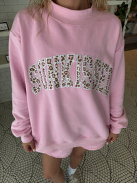 Bubblegum Pink Cheetah Print Varsity Sunkissed Embroidered Mockneck Sweatshirt 100% Cotton