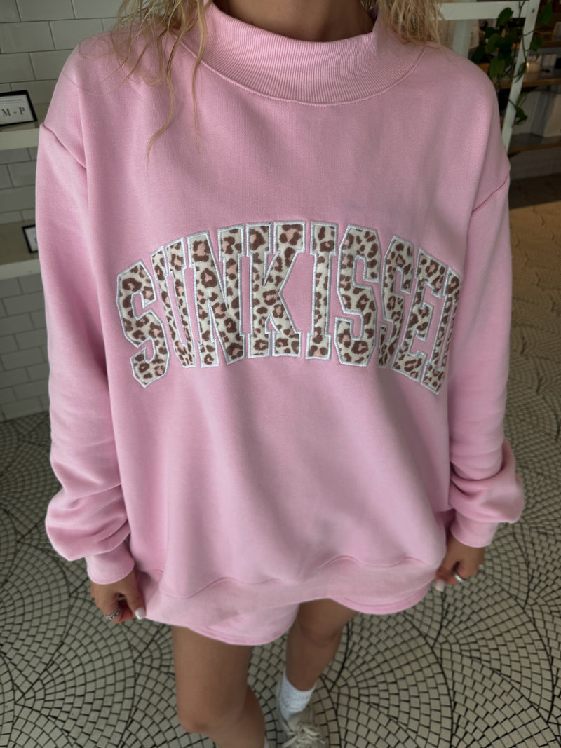 Bubblegum Pink Cheetah Print Varsity Sunkissed Embroidered Mockneck Sweatshirt 100% Cotton