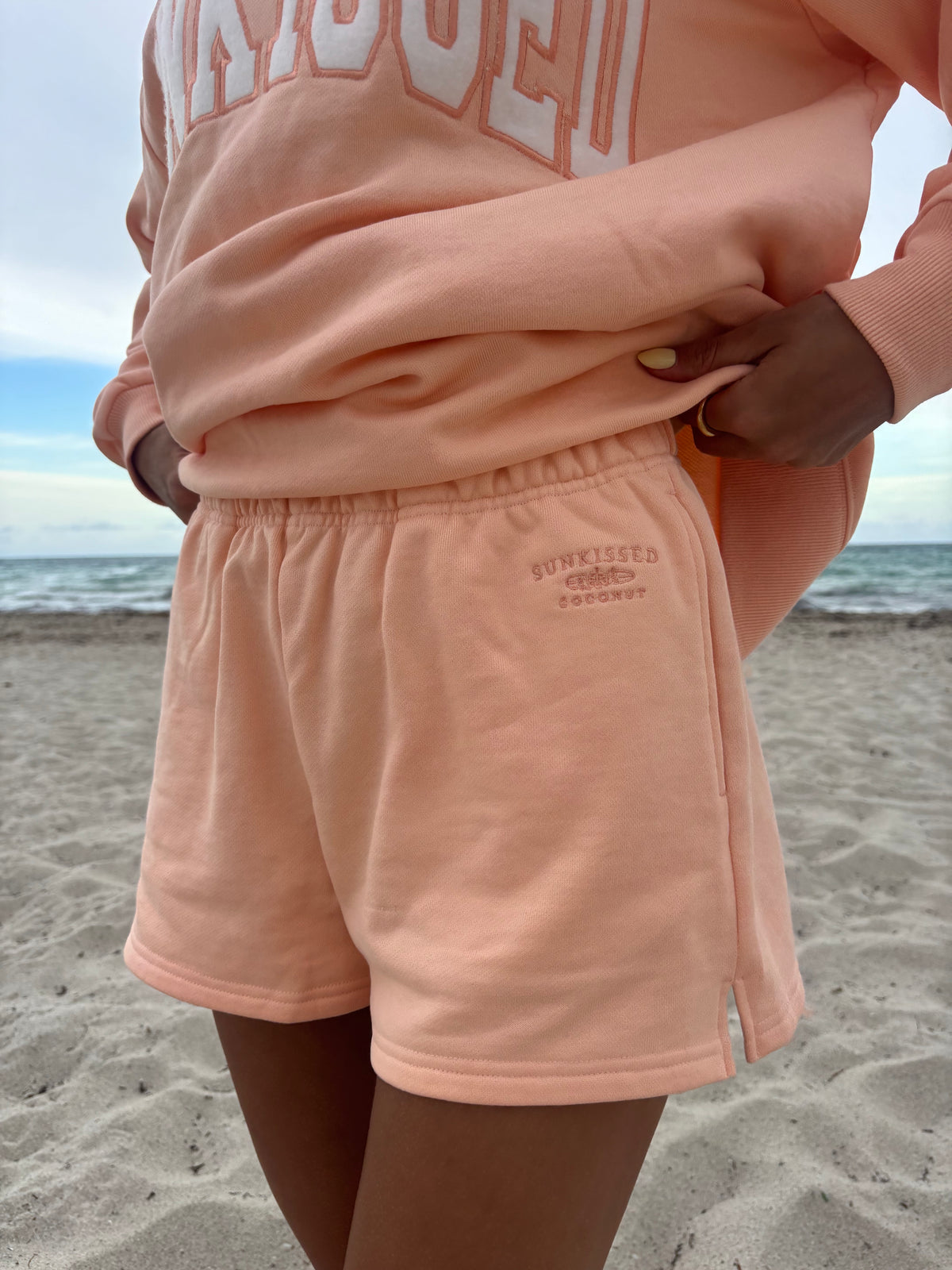 Papaya Orange Embroidered Sweat Shorts 100% Cotton