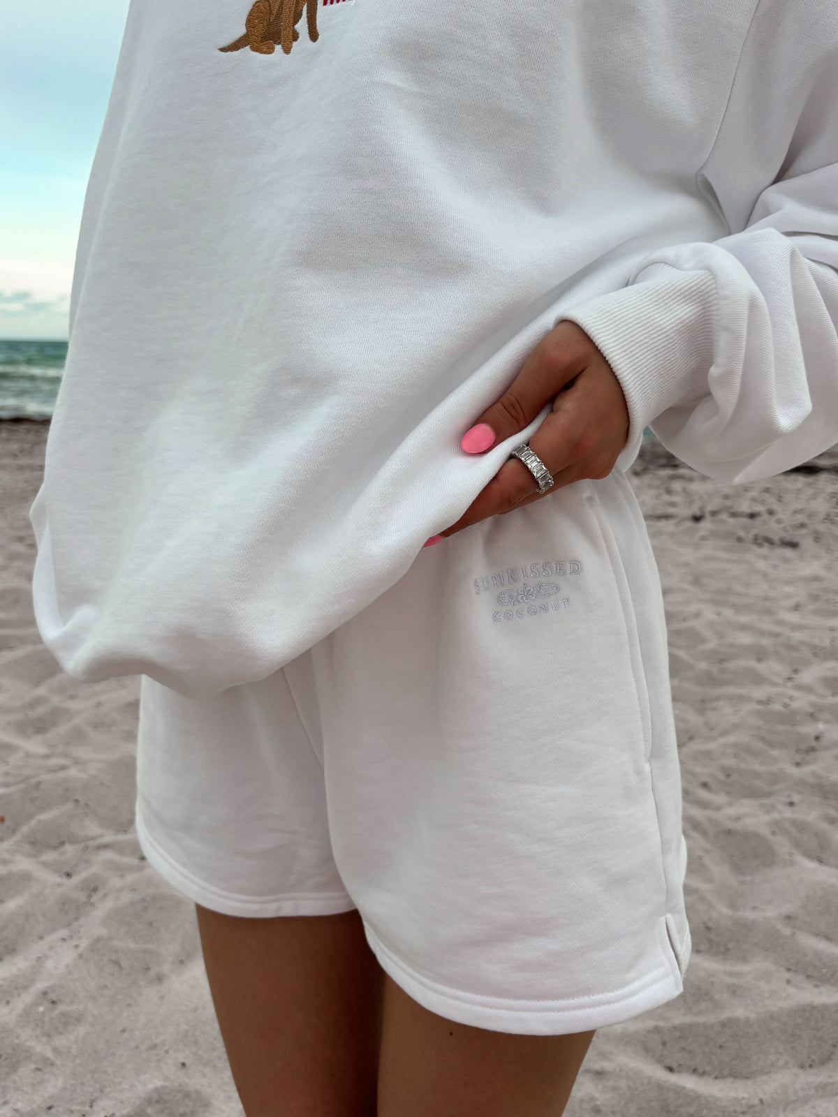 White Embroidered Sweat Shorts 100% Cotton