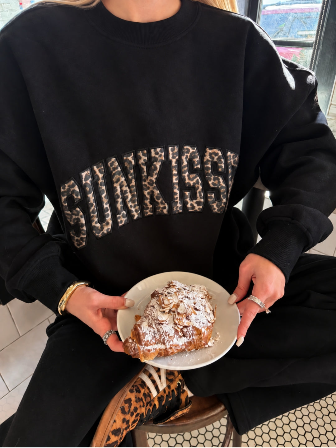 Black Sunkissed Leopard Print Embroider Sweatshirt