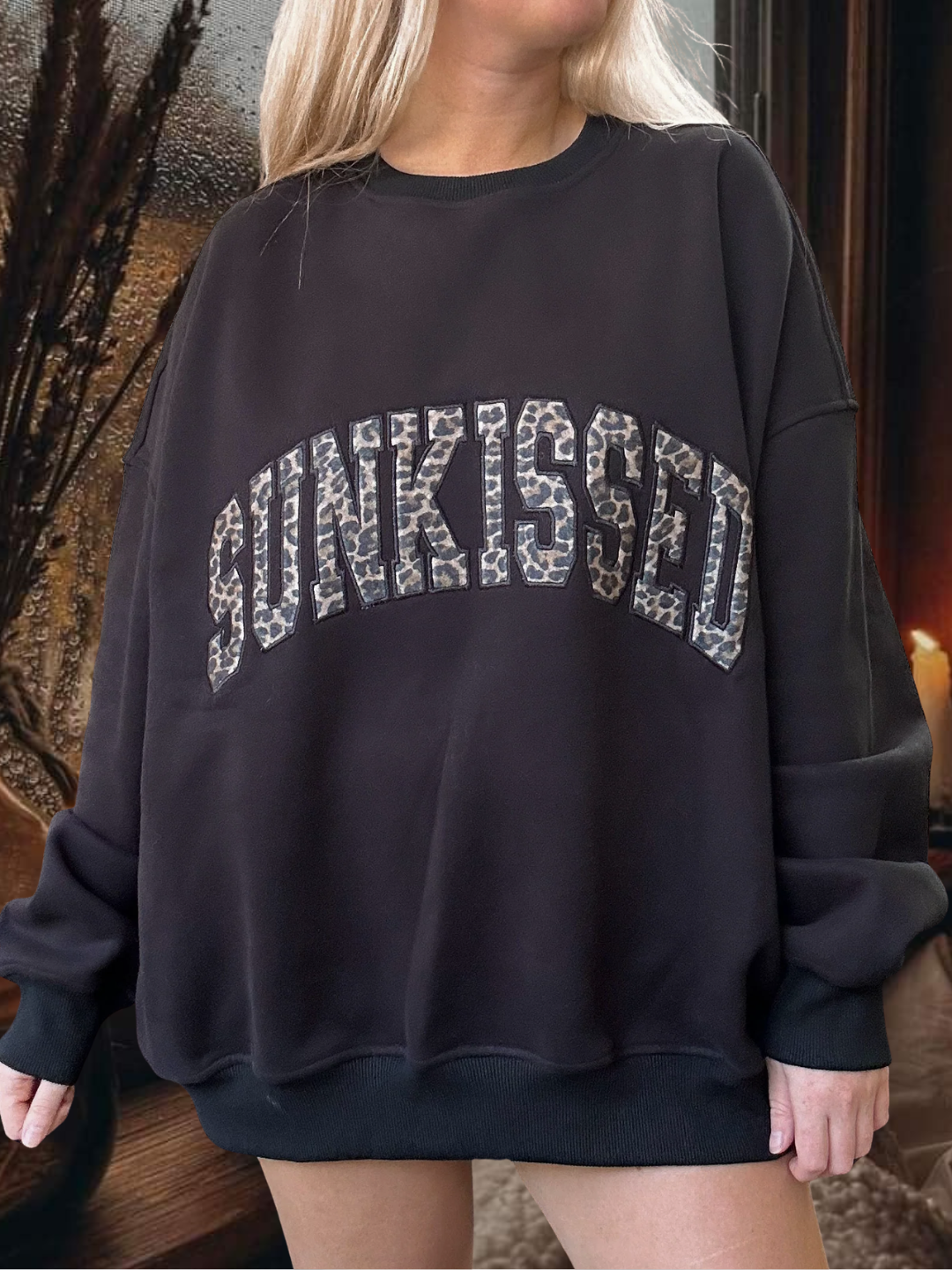 Black Sunkissed Leopard Print Embroider Sweatshirt