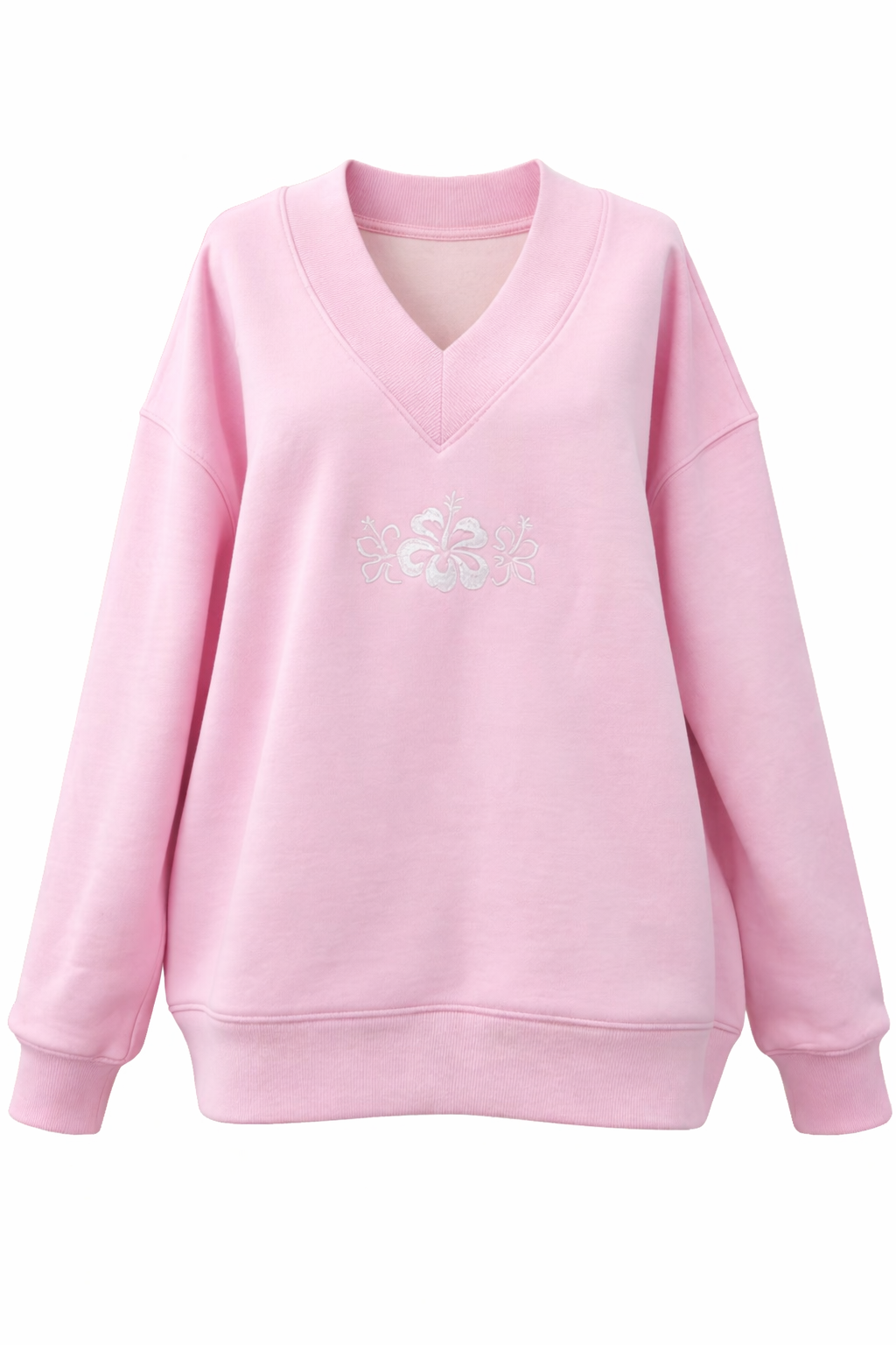 Soft Light Pink V-Neck Embroider Hibiscus Flower Sweatshirt