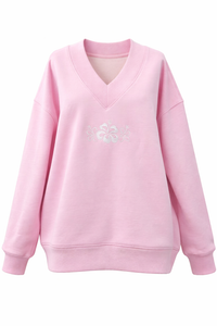 Soft Light Pink V-Neck Embroider Hibiscus Flower Sweatshirt