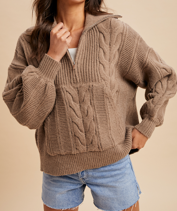 Chunky Chestnut Quarter Zip Sweater
