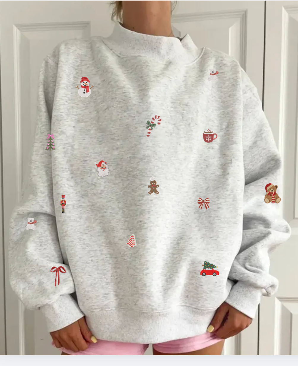 Christmas Symbols Embroidered Mockneck Sweatshirt