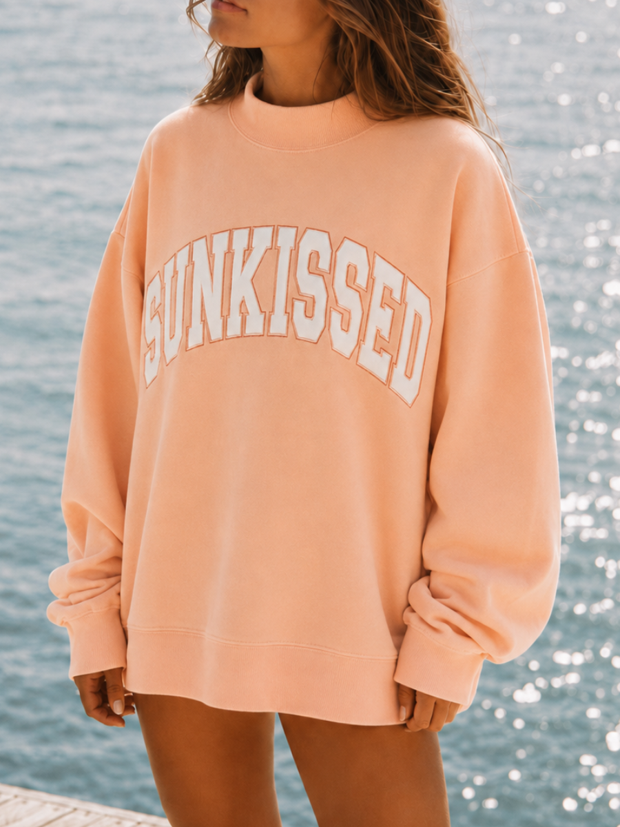Sunkissed Collegiate Embroider Oversized Mockneck Sweatshirt 100% Cotton