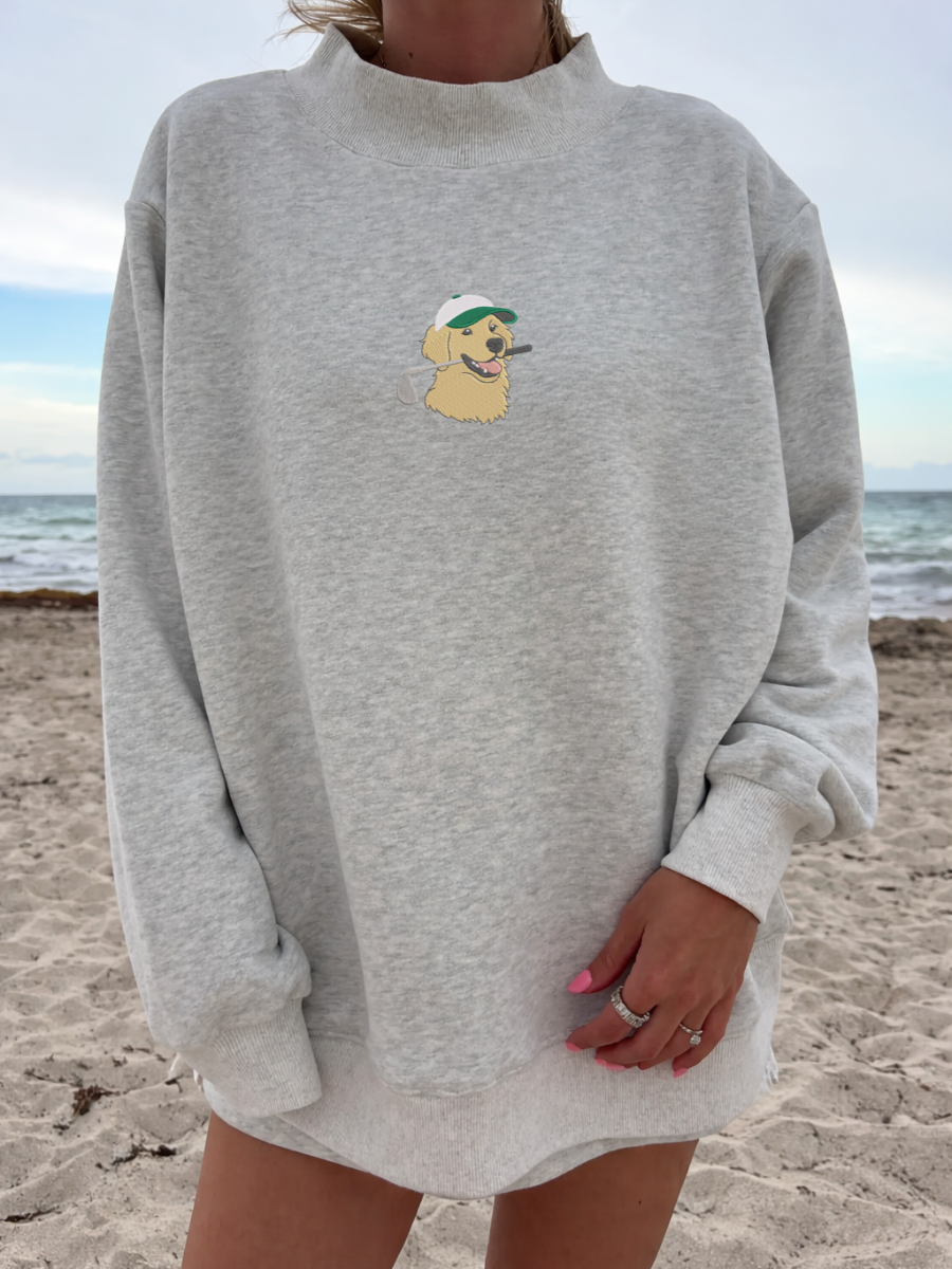Pearl Grey Dog Golf Embroidered Mockneck Sweatshirt 100% Cotton