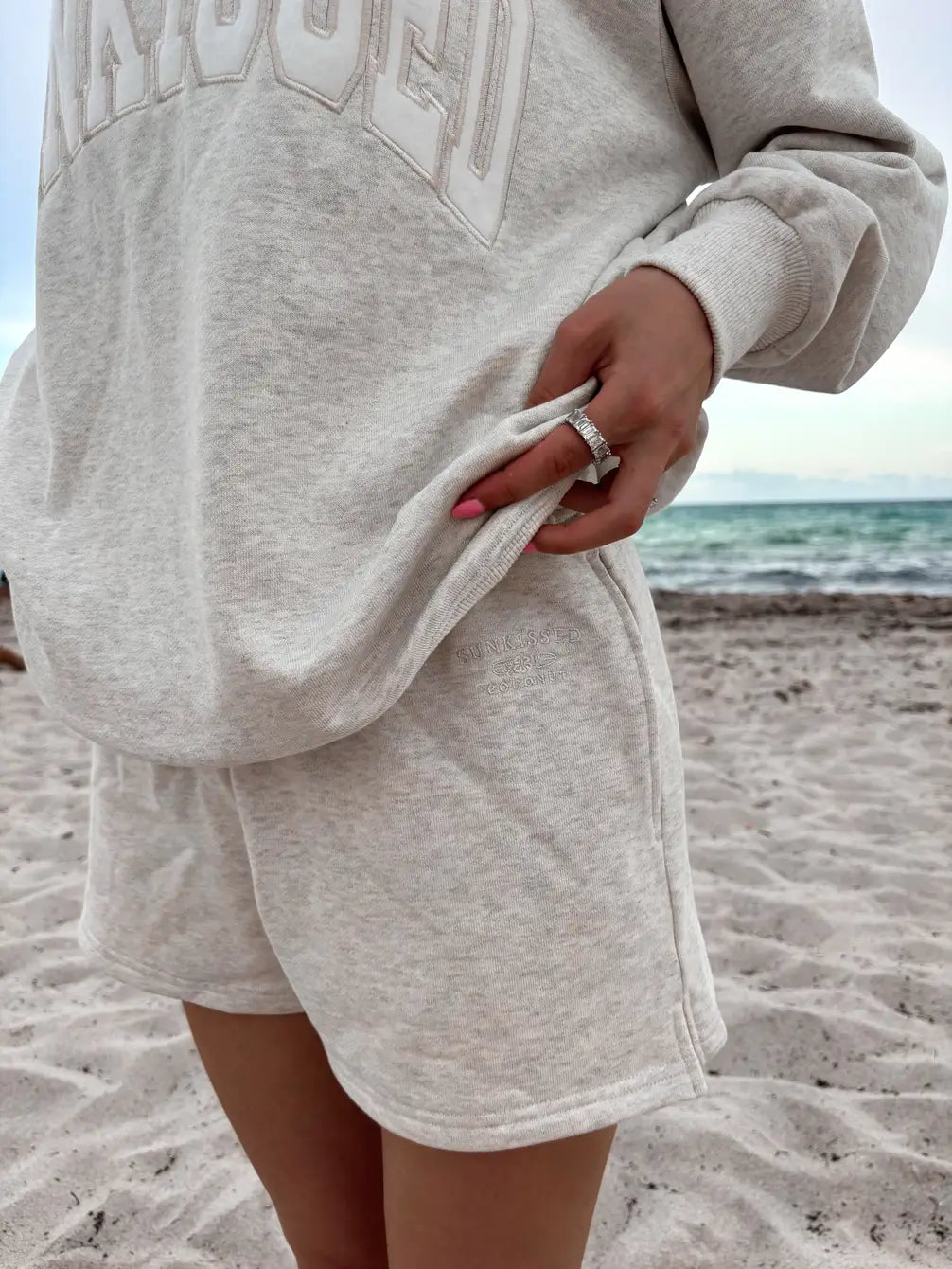 Oat Milk Grey Embroidered Sweat Shorts 100% Cotton