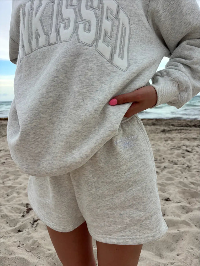 Pearl Grey Embroidered Sweat Shorts 100% Cotton
