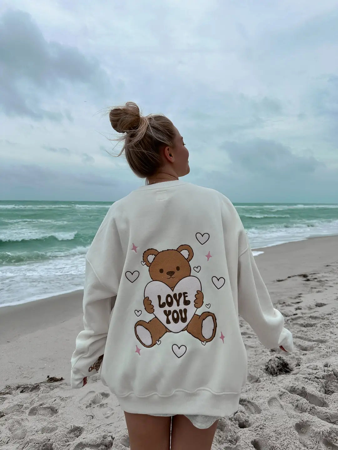 Ivory Teddy Bear Embroider Sweatshirt