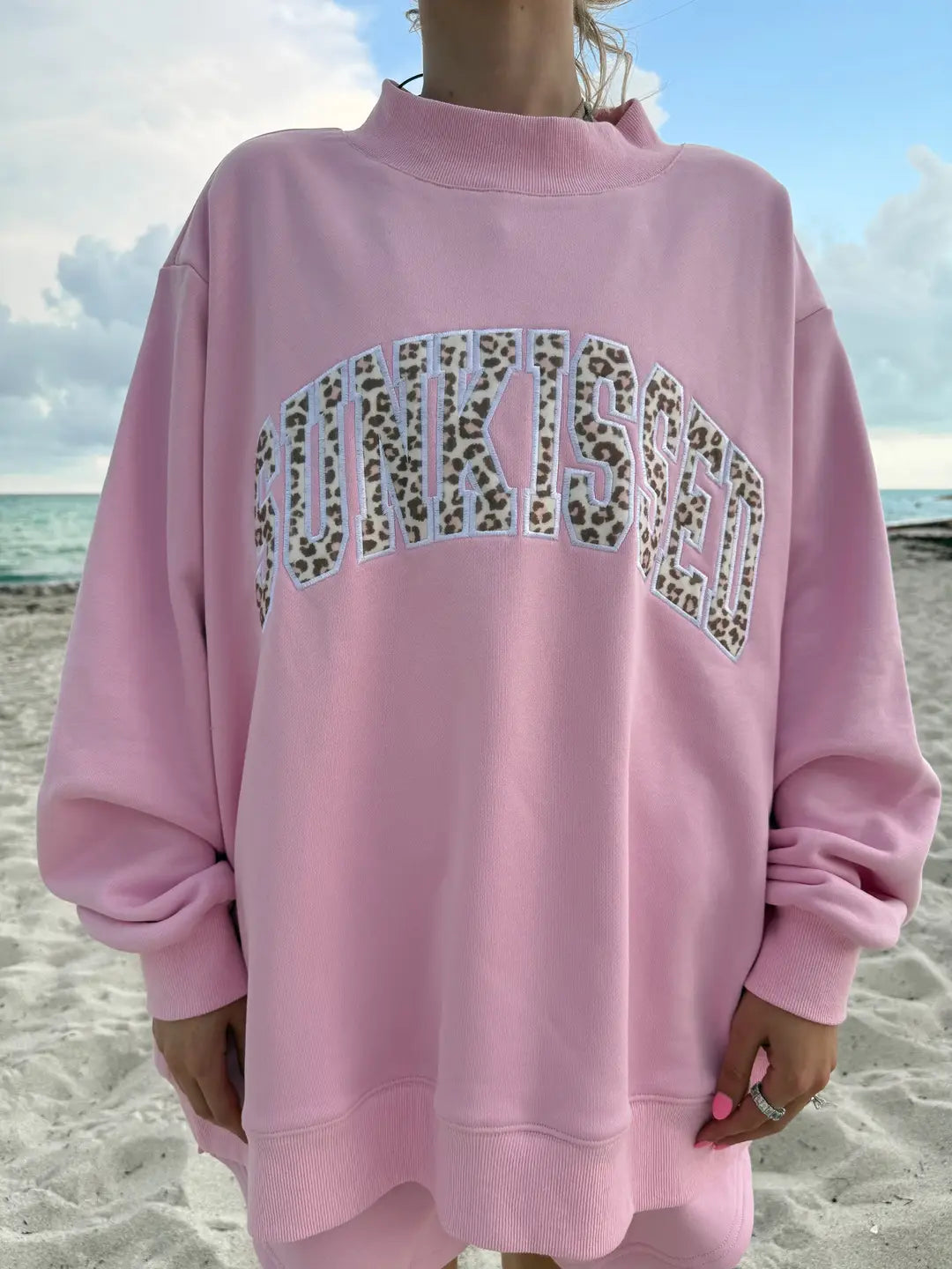 Bubblegum Pink Cheetah Print Varsity Sunkissed Embroidered Mockneck Sweatshirt 100% Cotton
