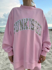 Bubblegum Pink Cheetah Print Varsity Sunkissed Embroidered Mockneck Sweatshirt 100% Cotton