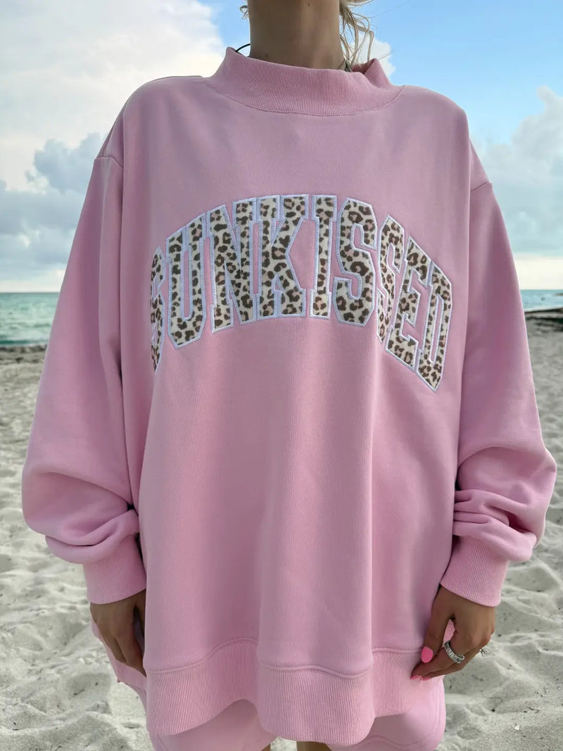 Bubblegum Pink Cheetah Print Varsity Sunkissed Embroidered Mockneck Sweatshirt 100% Cotton