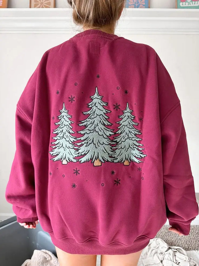 Vintage Red Christmas Tree Embroider Sweatshirt