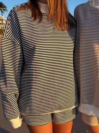 Dark Navy Blue and White Big Striped Mockneck Sweatshirt