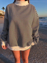 Dark Navy Blue and White Big Striped Mockneck Sweatshirt