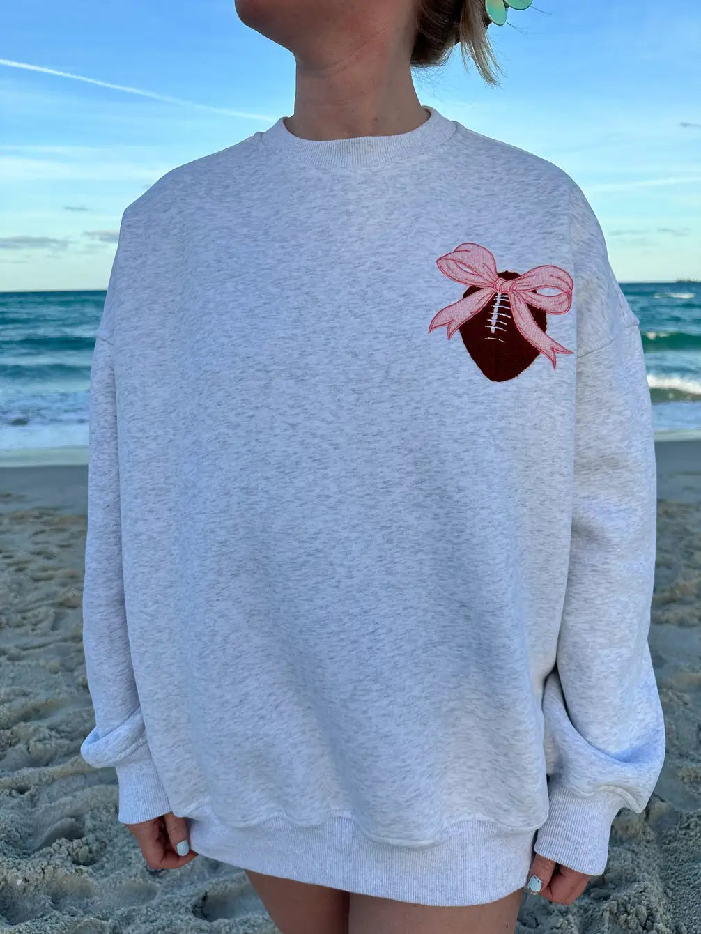 Pearl Grey Pink Bow Football Game Day Embroider Sweatshirt
