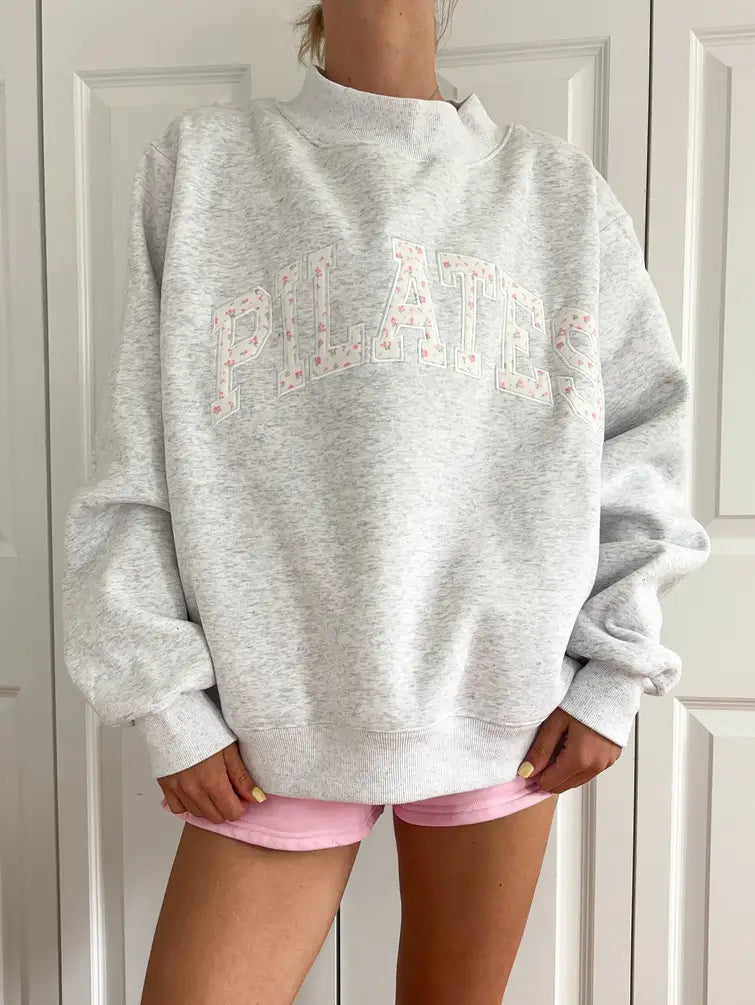 Pearl Grey Mockneck Pilates Embroider Sweatshirt