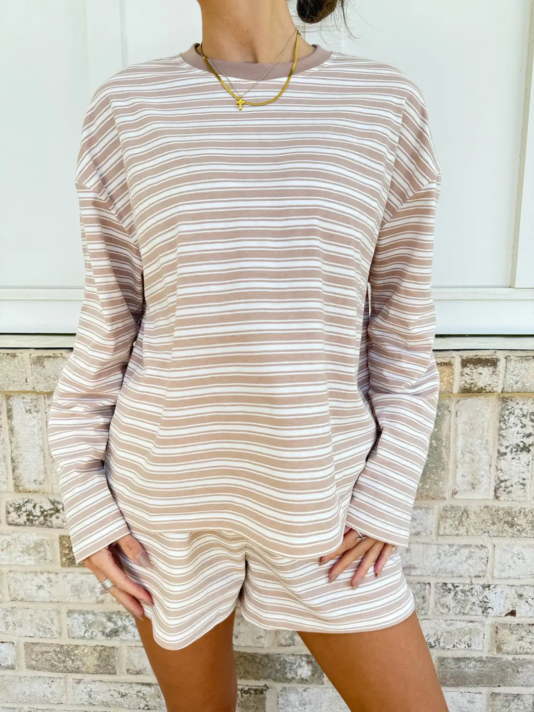 Taupe Brown Billie Striped Loungewear Long Sleeve Top