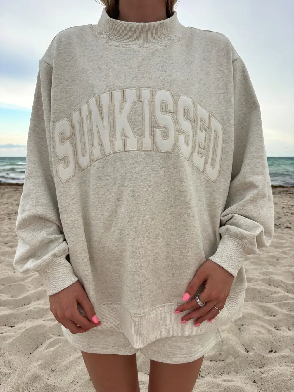 Sunkissed Collegiate Embroider Oversized Mockneck Sweatshirt 100% Cotton