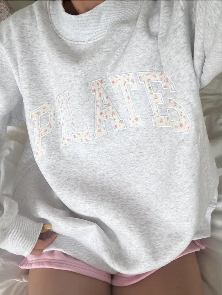 Pearl Grey Mockneck Pilates Embroider Sweatshirt