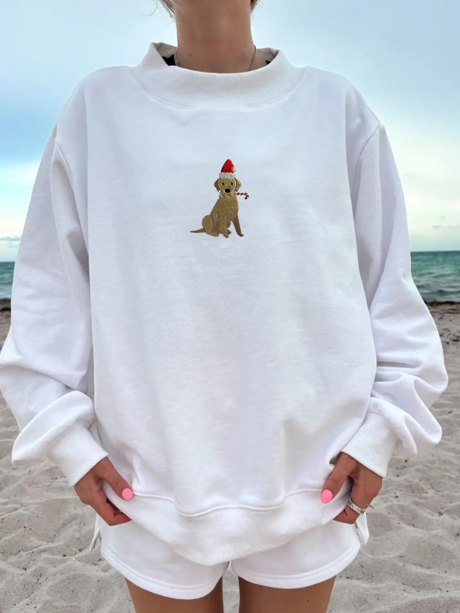 White Christmas Dog Santa Hat Embroidered Mockneck Sweatshirt 100% Cotton