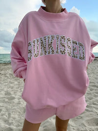 Bubblegum Pink Cheetah Print Varsity Sunkissed Embroidered Mockneck Sweatshirt 100% Cotton