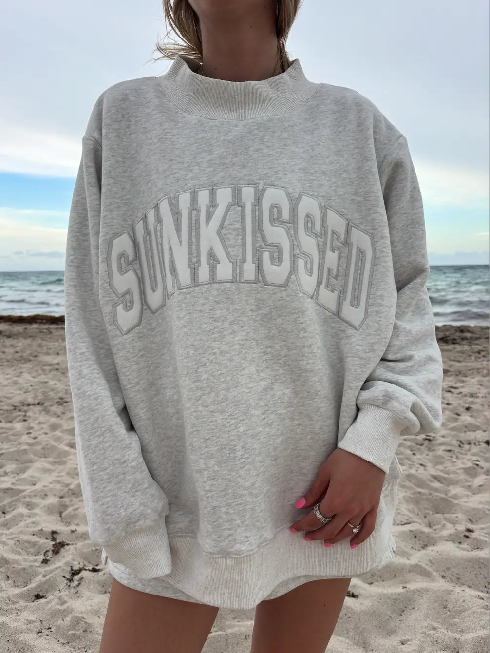 Sunkissed Collegiate Embroider Oversized Mockneck Sweatshirt 100% Cotton