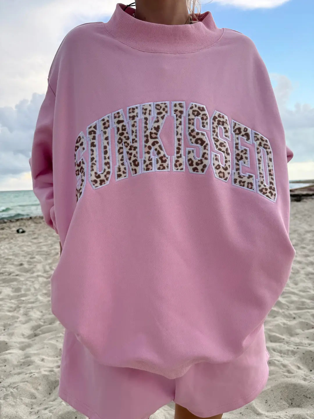Bubblegum Pink Cheetah Print Varsity Sunkissed Embroidered Mockneck Sweatshirt 100% Cotton