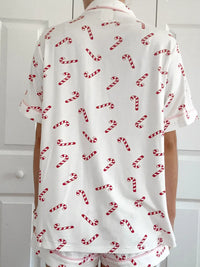 Candy Cane Holiday Christmas Short Sleeve Button Up Pajama Top