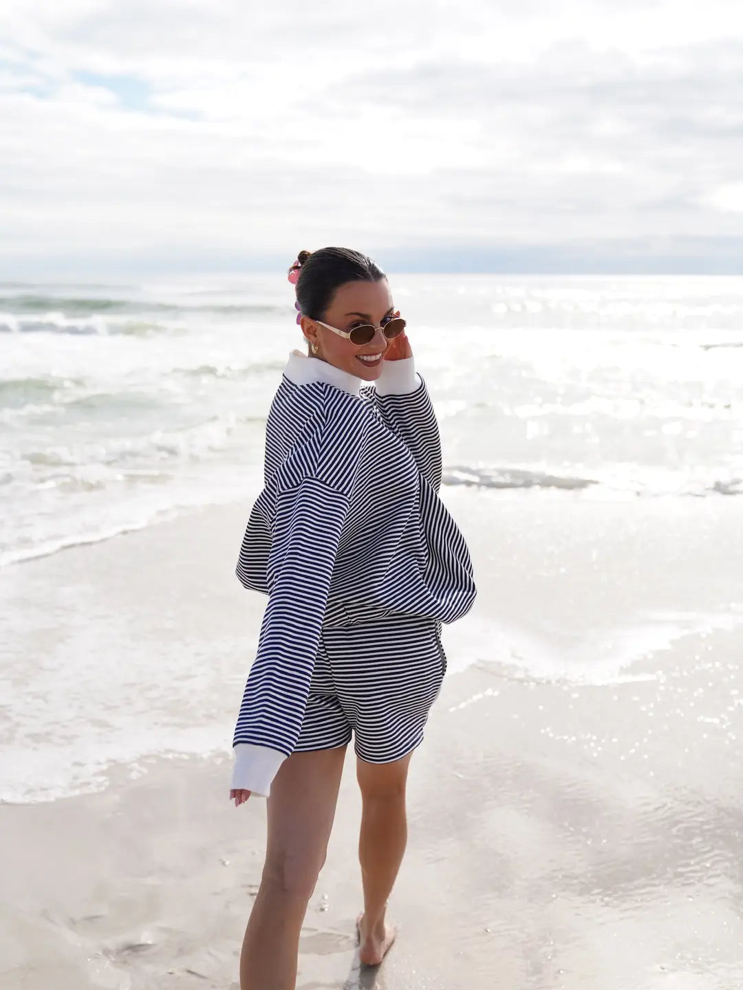 Dark Navy Blue and White Big Striped Mockneck Sweatshirt