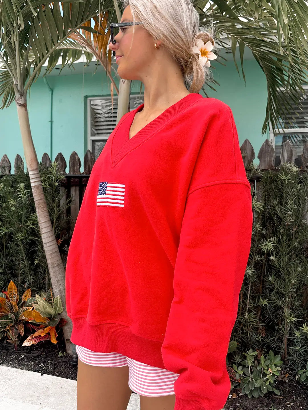 American Flag Embroider V-Neck Sweatshirt