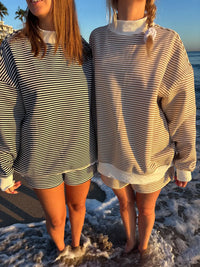 Dark Navy Blue and White Big Striped Mockneck Sweatshirt