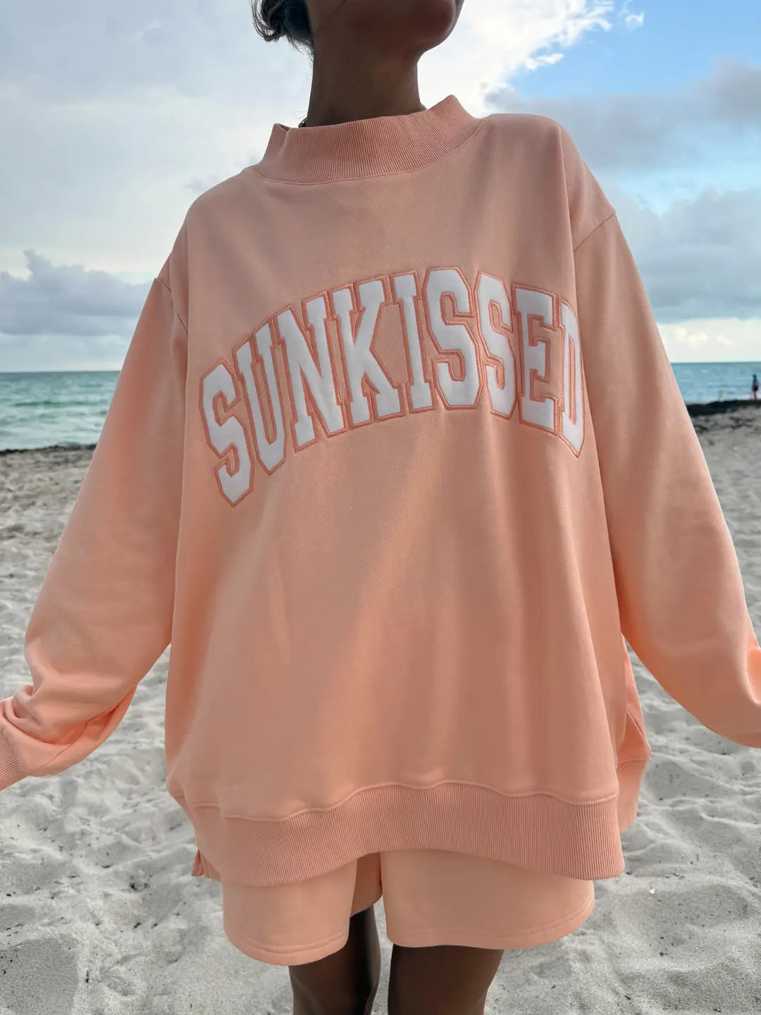 Papaya Orange Varsity Sunkissed Embroidered Mockneck Sweatshirt 100% Cotton