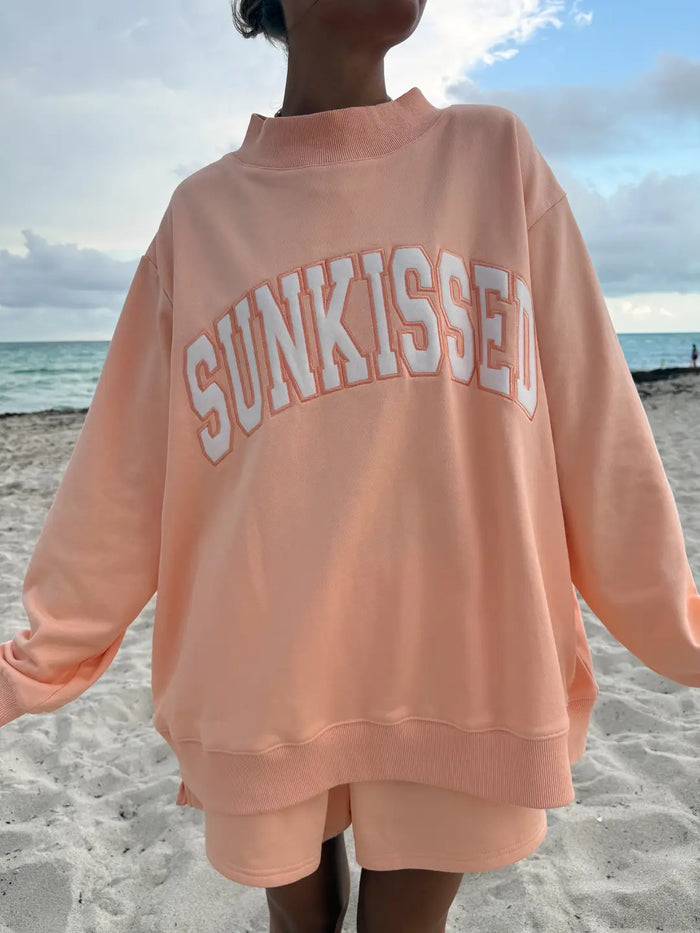 Papaya Orange Varsity Sunkissed Embroidered Mockneck Sweatshirt 100% Cotton