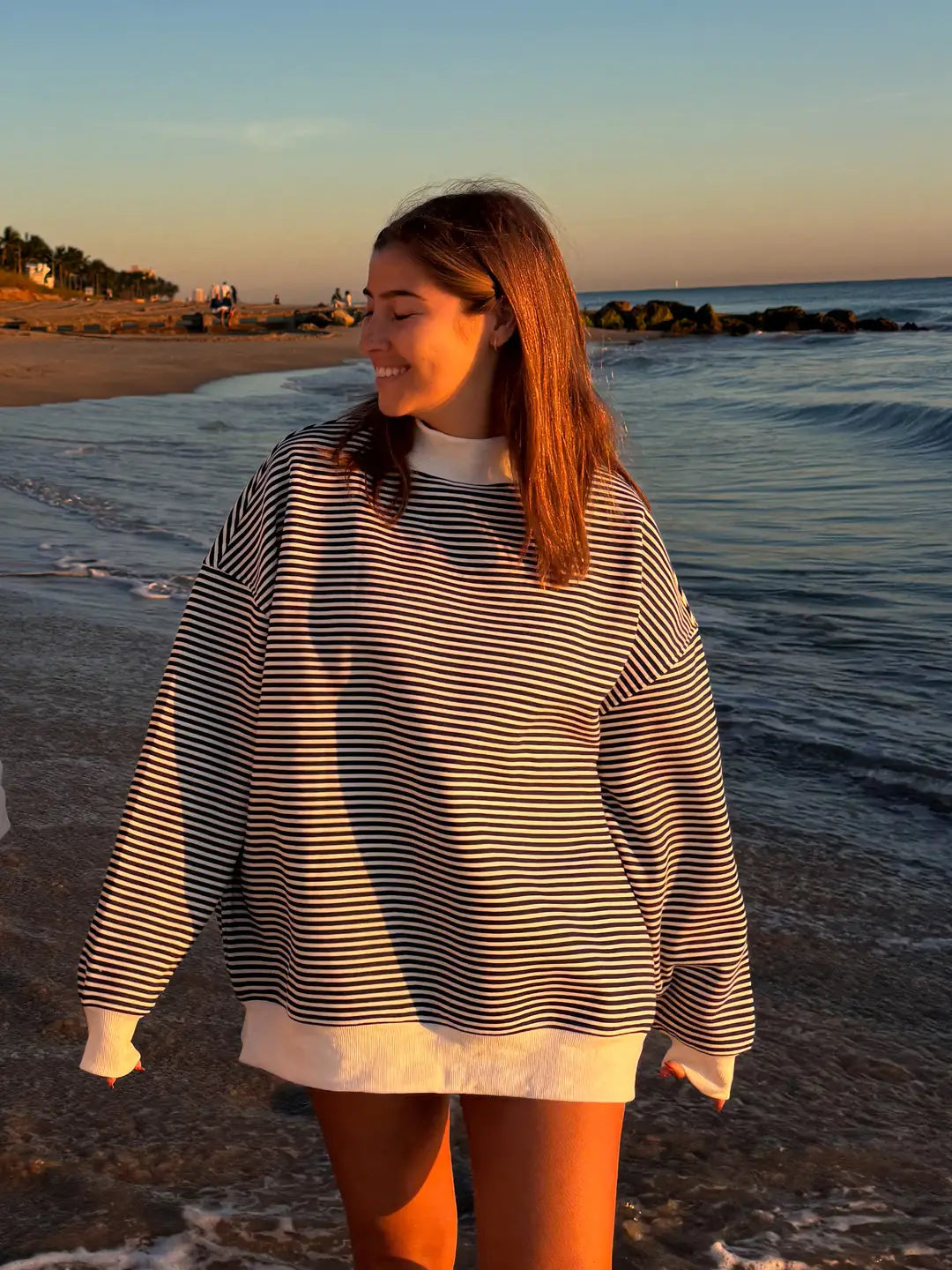 Dark Navy Blue and White Big Striped Mockneck Sweatshirt