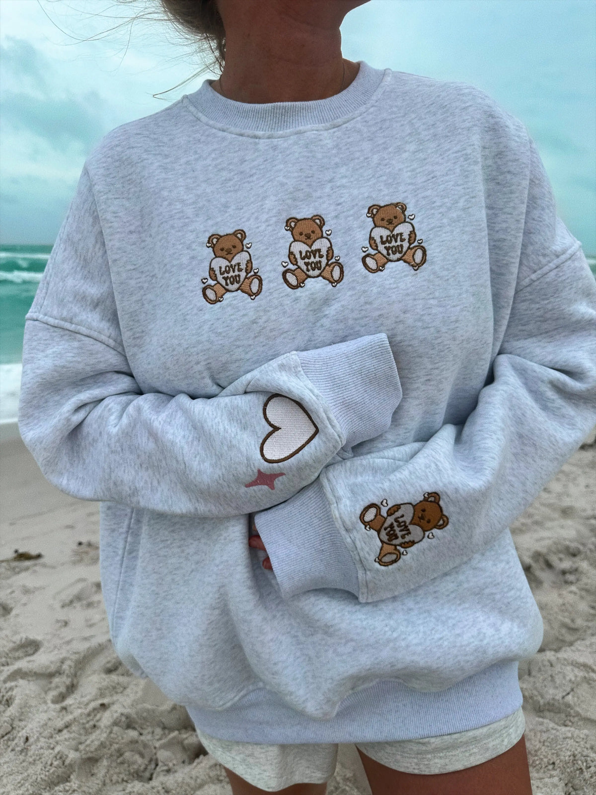 Pearl Grey Teddy Bear Embroider Sweatshirt