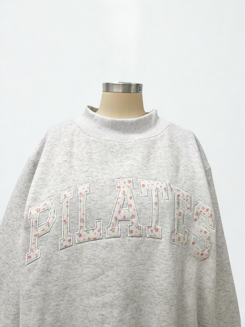 Pearl Grey Mockneck Pilates Embroider Sweatshirt