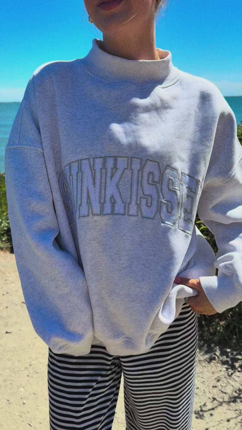 Pearl Grey Mockneck Sunkissed Varsity Embroider Sweatshirt