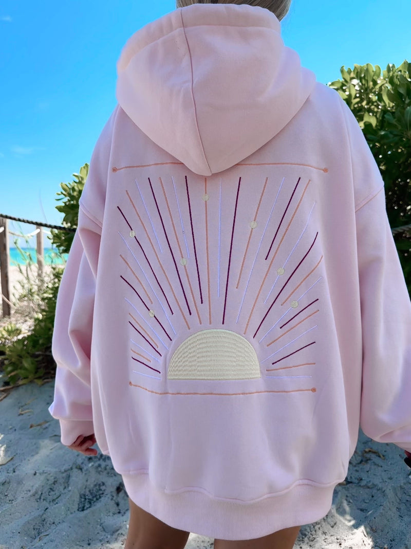 Light Pink Sunset Rays Embroider Hoodie