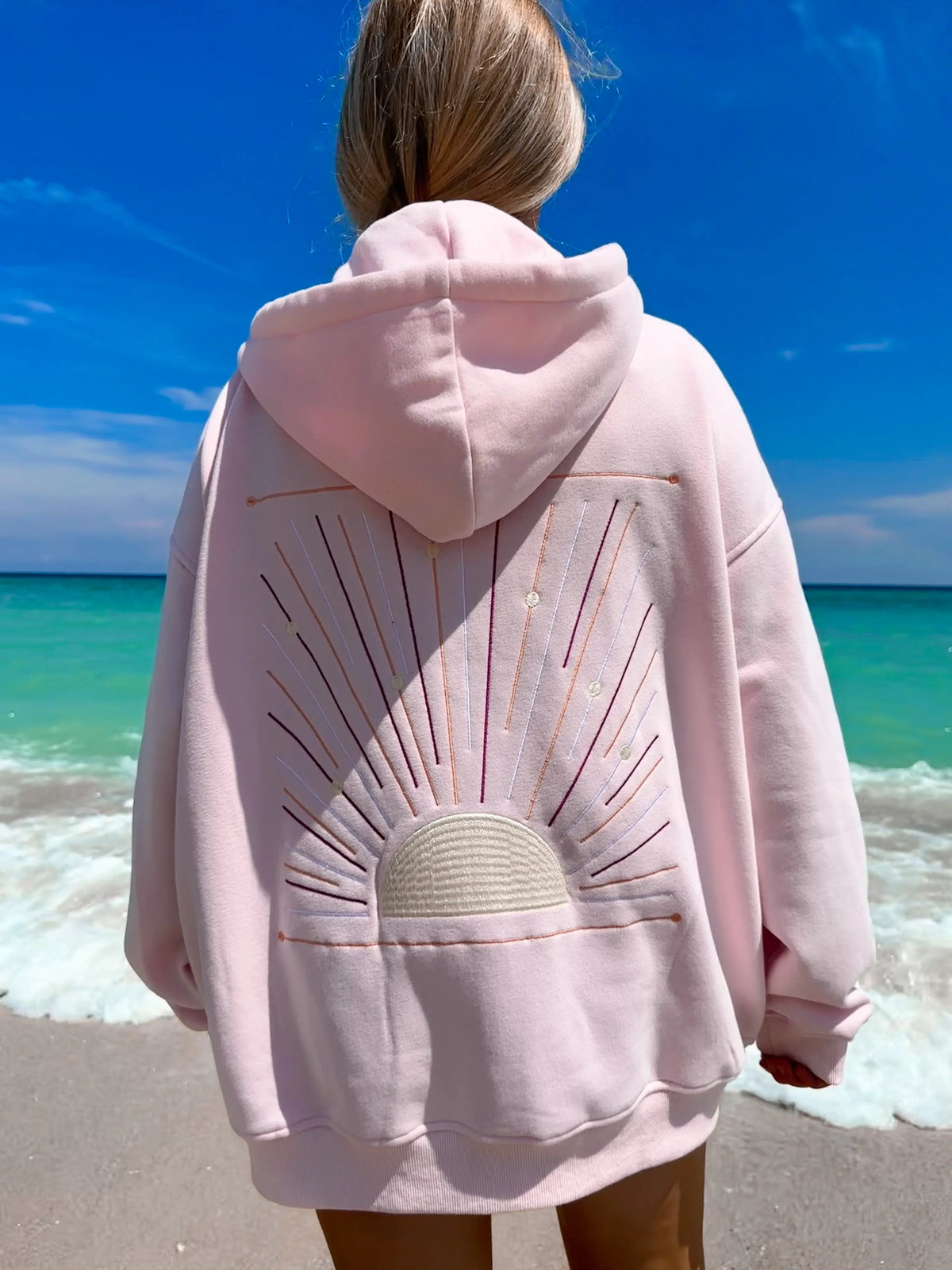 Light Pink Sunset Rays Embroider Hoodie