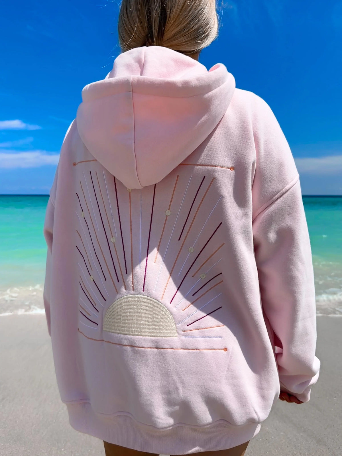 Light Pink Sunset Rays Embroider Hoodie