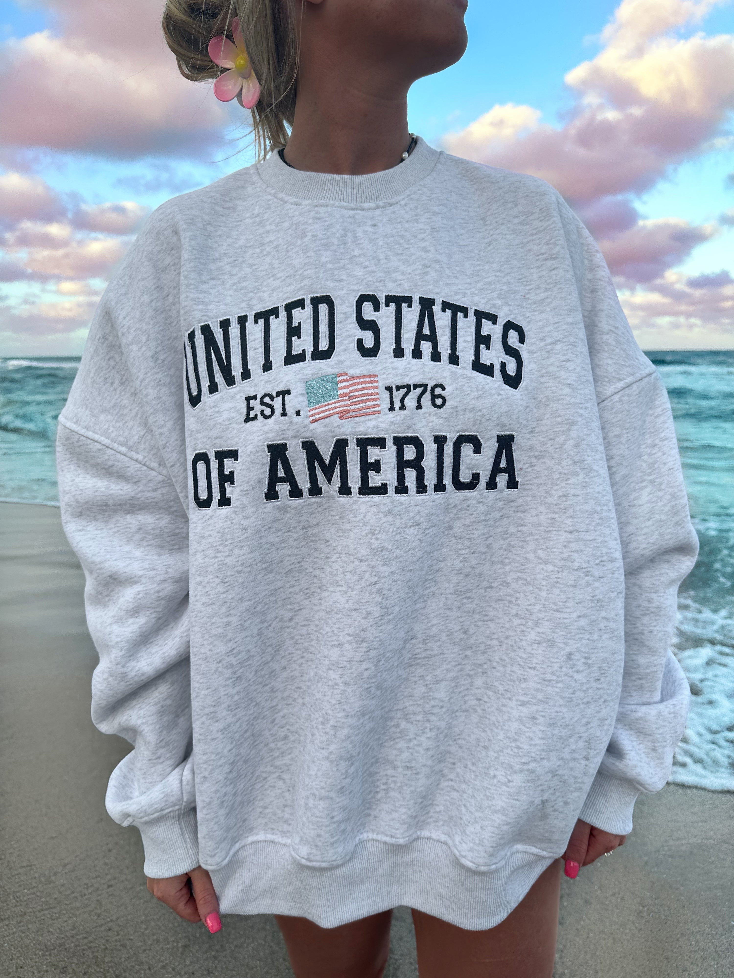 UNITED STATES OF AMERICA EMBROIDER SWEATSHIRT - Sunkissedcoconut
