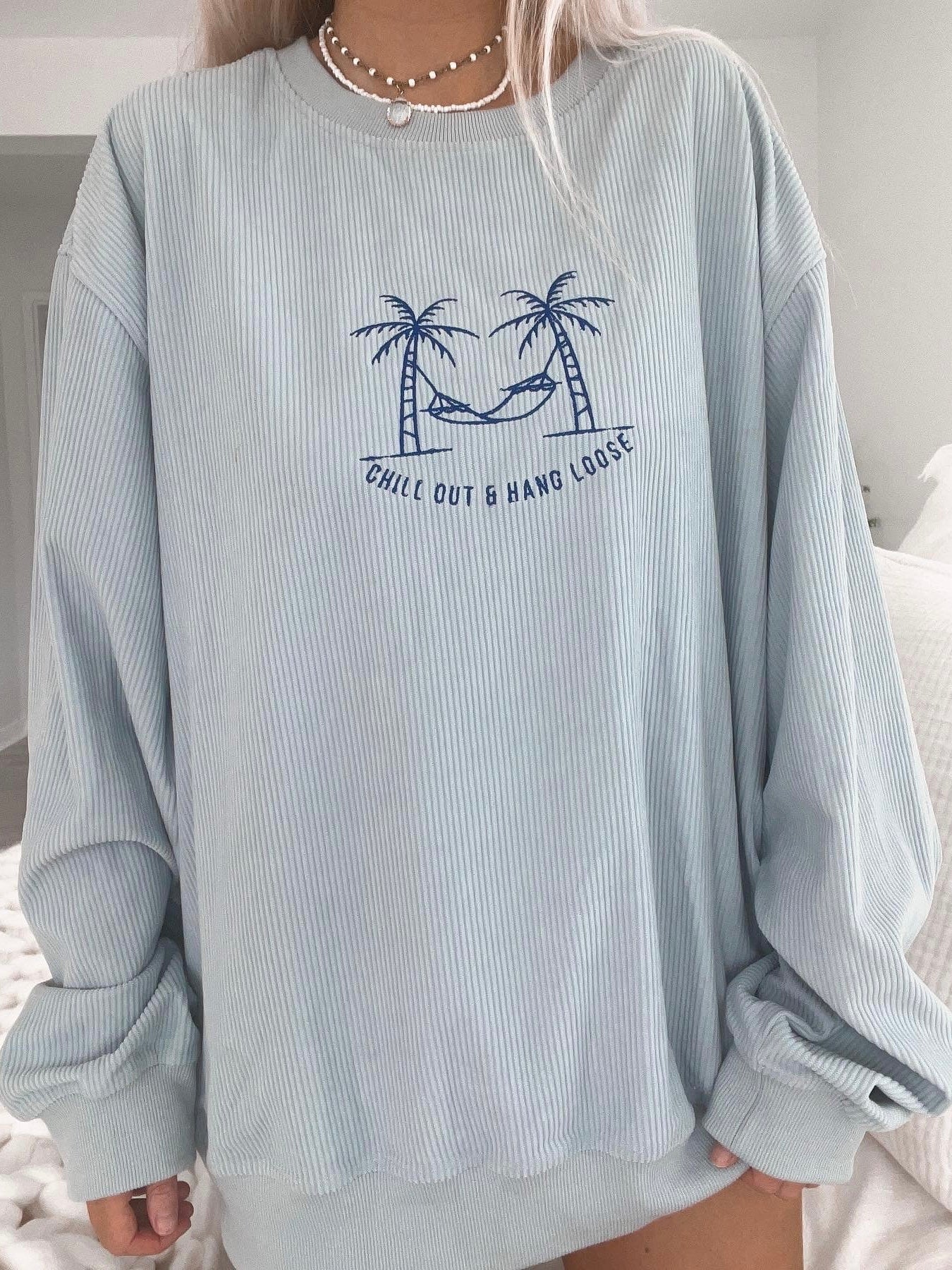 Chill Out and Hang Loose Corduroy Crewneck - Sunkissedcoconut