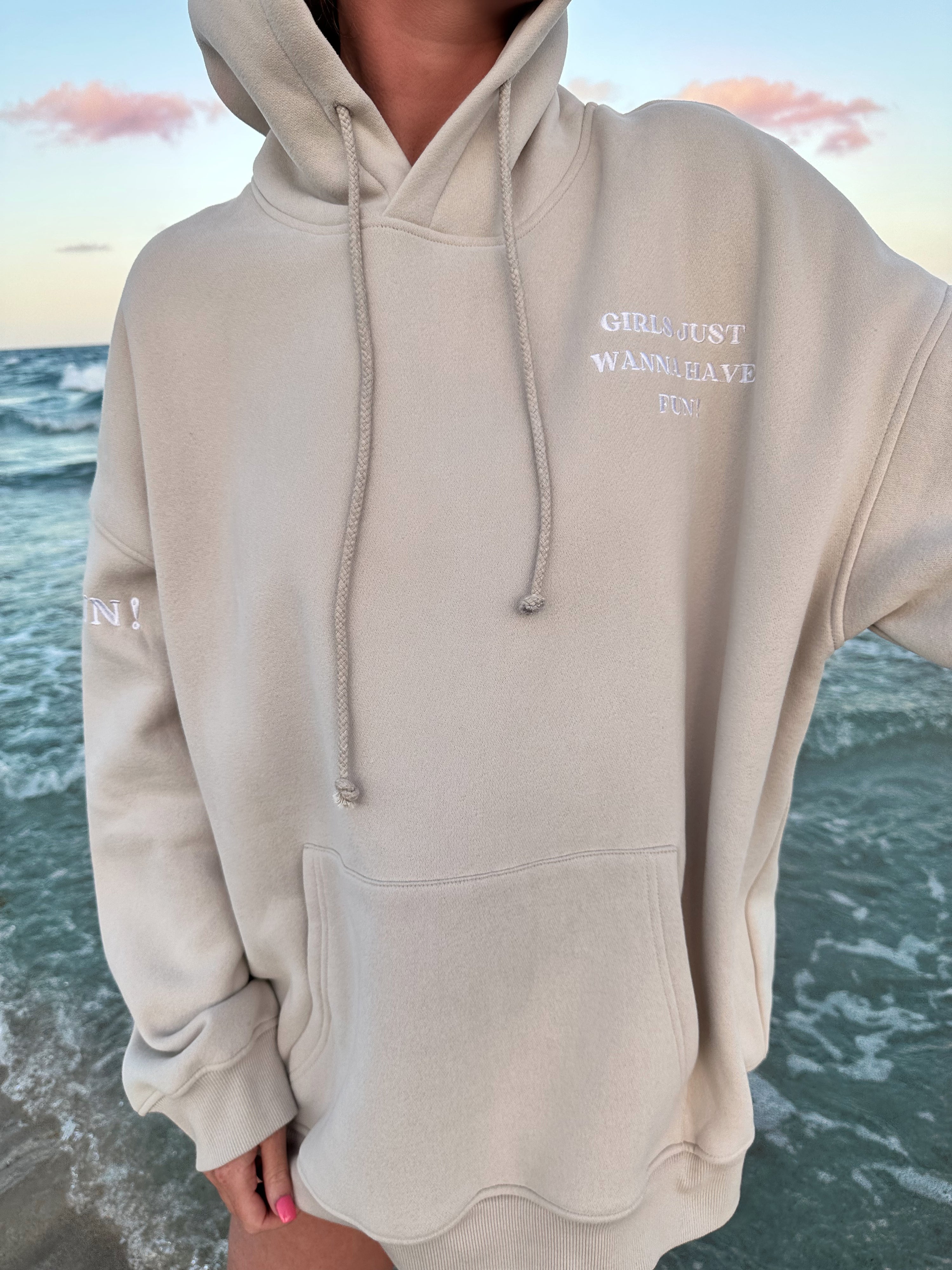 GIRLS JUST WANNA HAVE FUN EMBROIDER HOODIE - Sunkissedcoconut