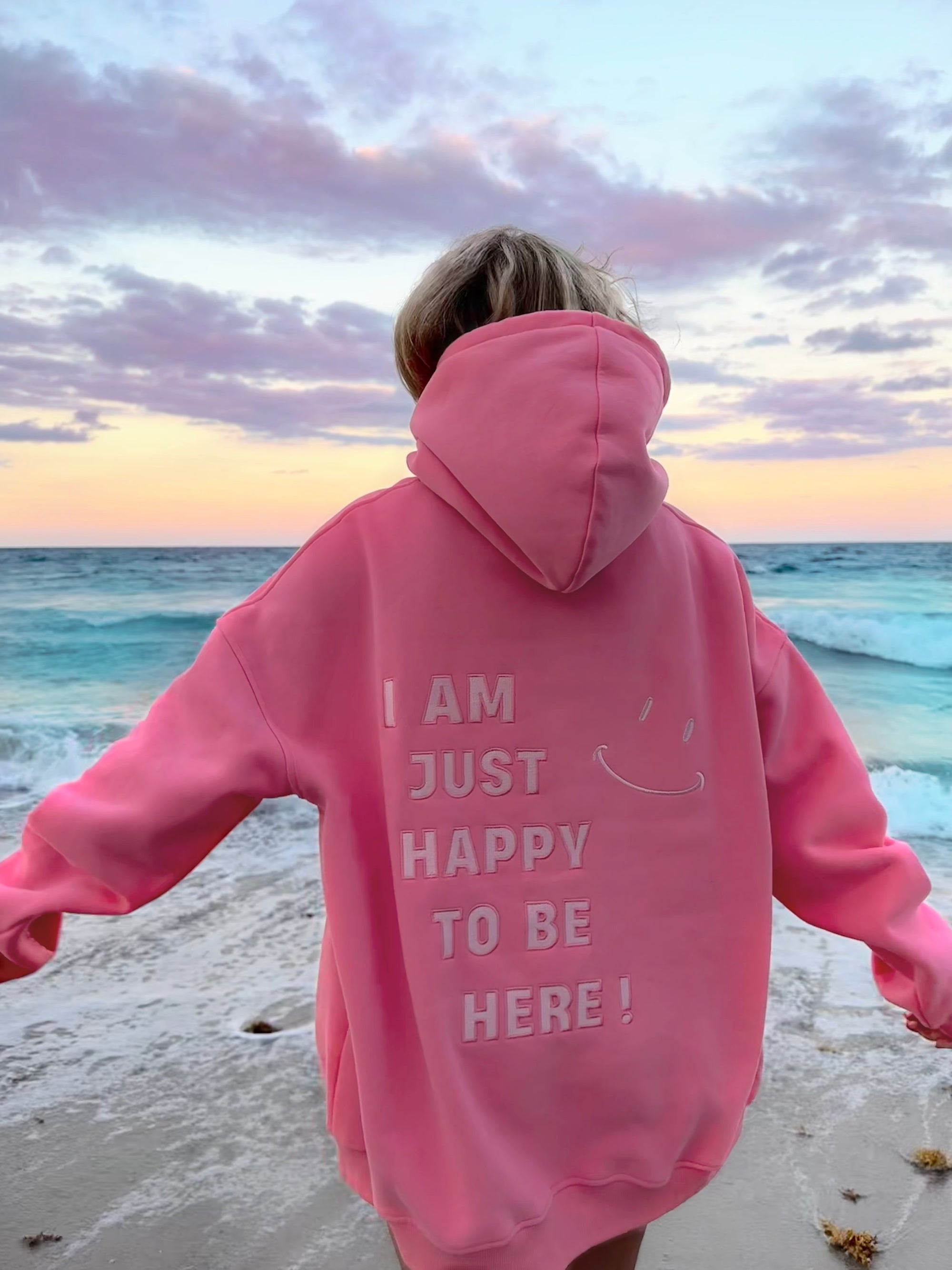 I AM JUST HAPPY TO BE HERE EMBROIDER HOODIE - Sunkissedcoconut